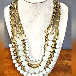 Necklace Layered Multi Chain Bib  Gold Tone Acrylic Crystal Beads Statement